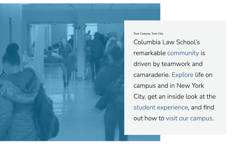 An example of brand messaging displayed on Columbia Law School's website