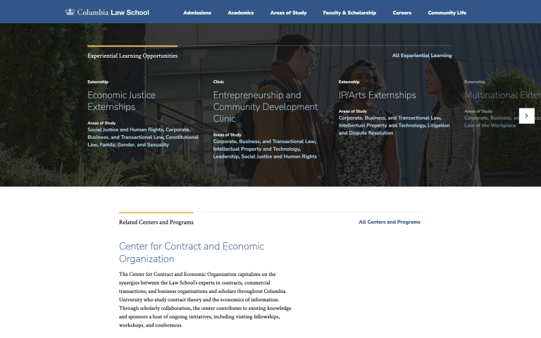 The Columbia Law School website, showcasing an experiential learning section