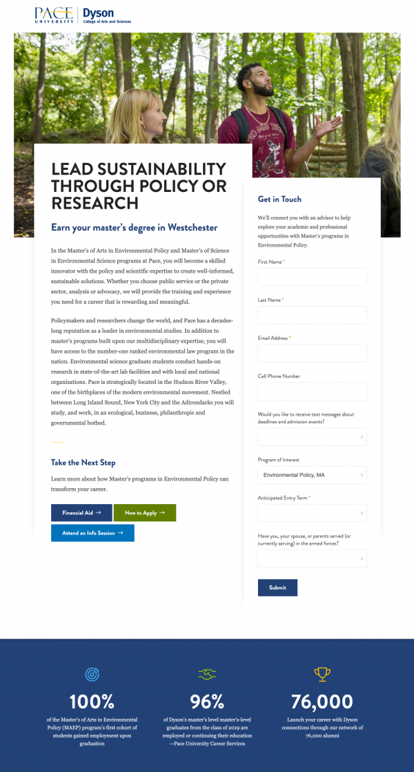 An example of a landing page from Pace University
