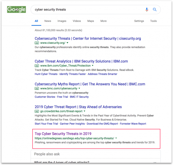 Google search results for "Cyber Security Threats"