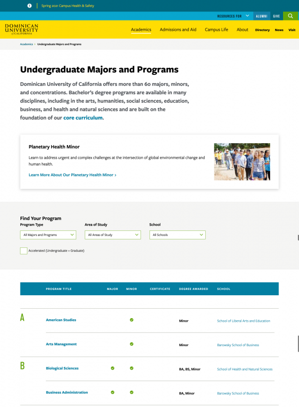 A program finder example from Dominican University of California