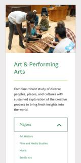 Dartmouth's Art & Performing Arts page displayed on a mobile device