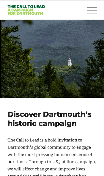 The Dartmouth Call to Lead Campaign page displayed on a mobile device