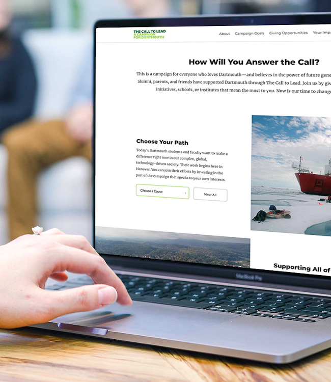 The Dartmouth Call to Lead Campaign site displayed on a laptop
