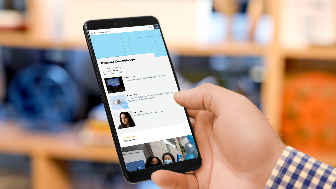 The Columbia Law School homepage displayed on a mobile device