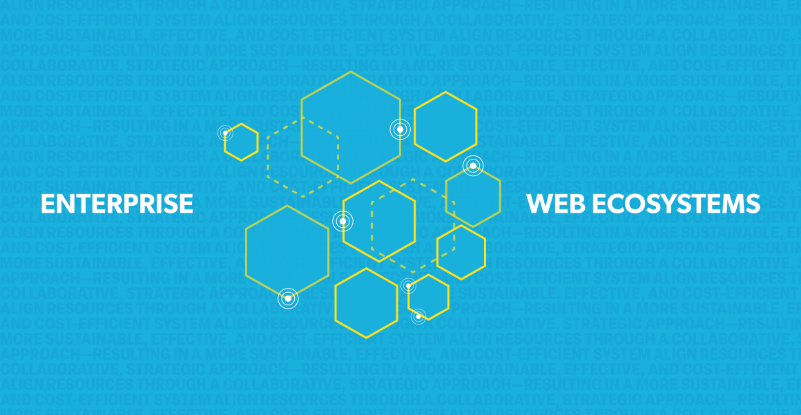 A honeycomb pattern on a blue background with the words 'enterprise web ecosystems' to the left and right of it