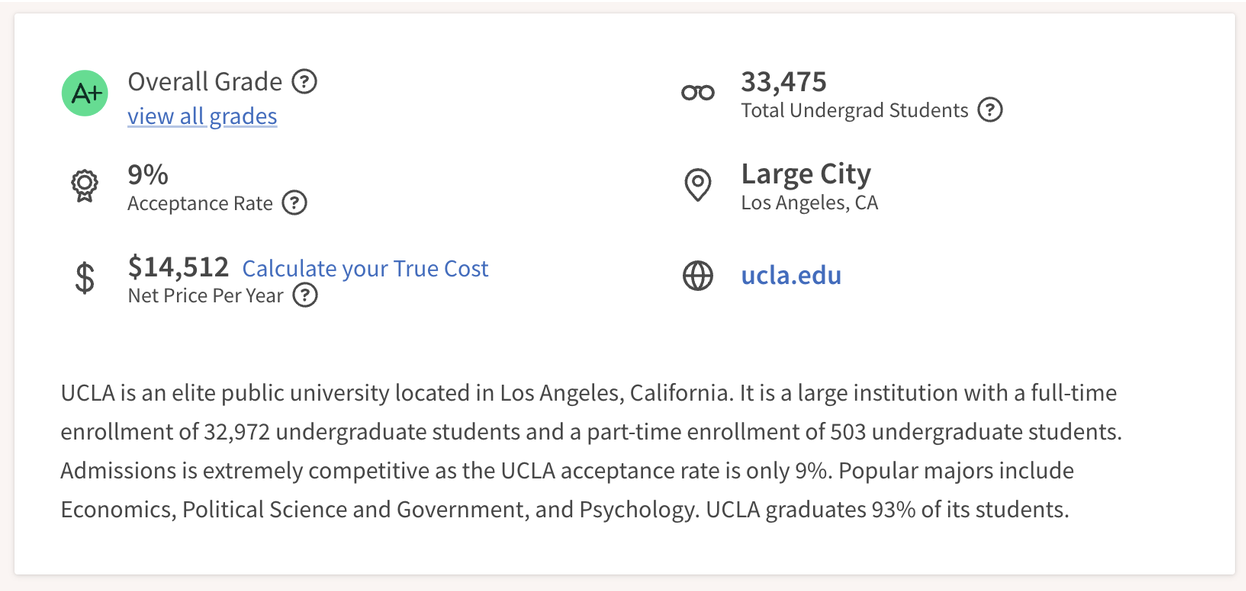 a sample profile of a university as featured on a higher education aggregator sight for AI visibility