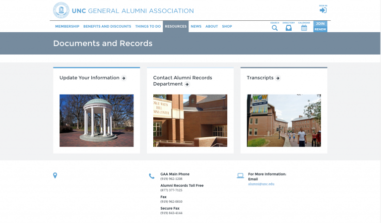image of UNC alumni page