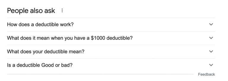 An example of "People Also Ask" suggestions on a Google Search results page focused on health insurance deductibles