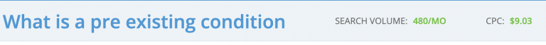 Keyword analytics results for "what is a pre-existing condition" — Search Volume: 480/MO — CPC: $9.03