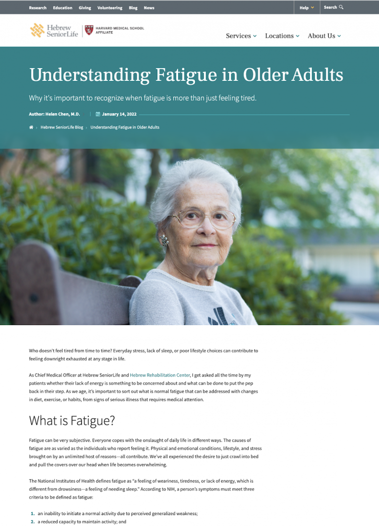 A screenshot of a blog post from Hebrew Senior Life on "Understanding Fatigue in Older Adults"