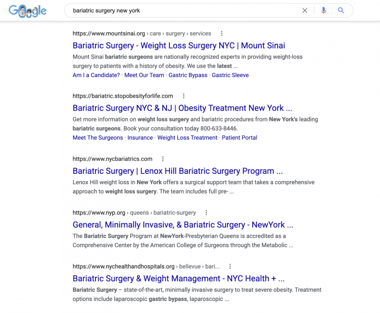 A Google Search results page for the query "bariatric surgery New York"