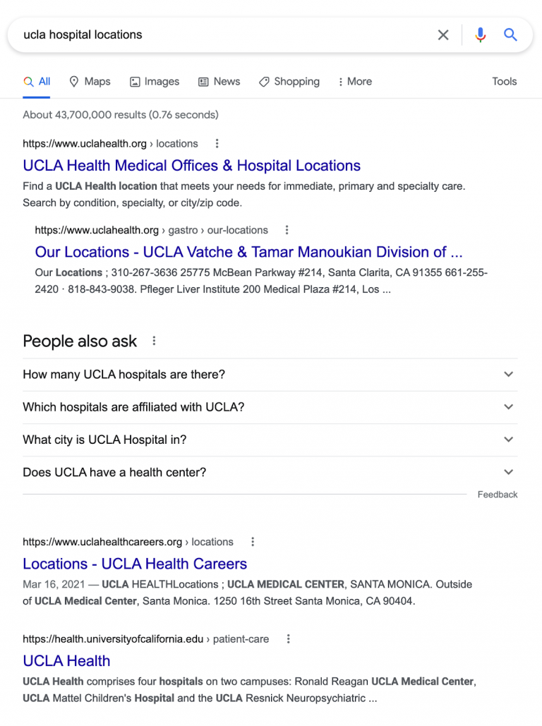 A Google Search results page for the query "ucla hospital locations"