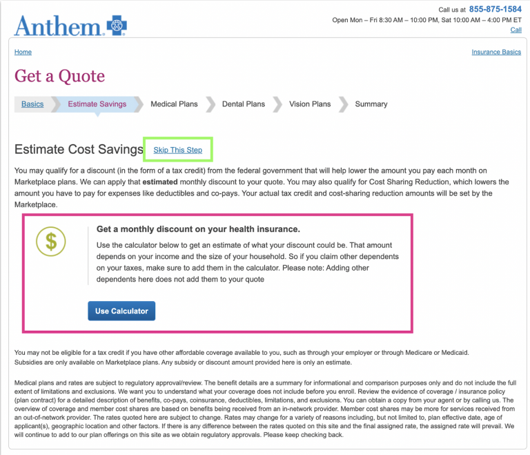An example of a page on the Anthem site that has a "skip this step" option