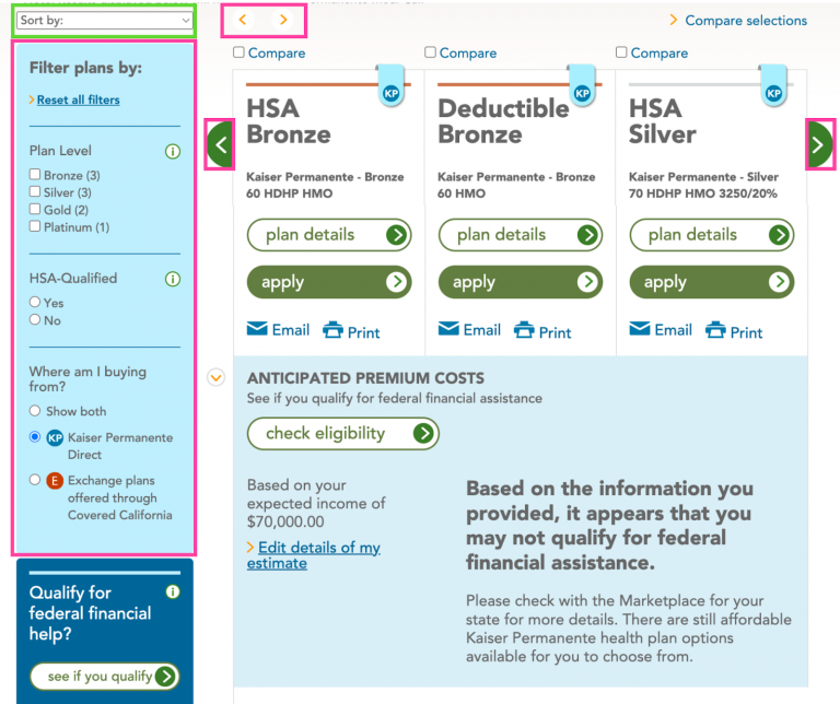 An example health insurance page
