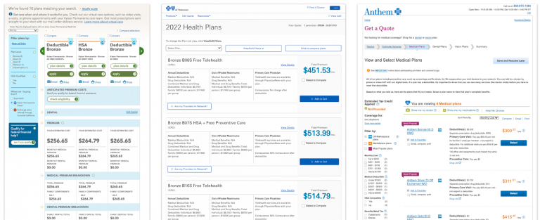 Three example health insurance pages side by side