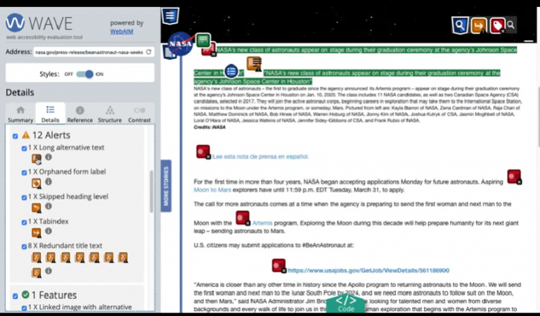 A screenshot of the Wave accessibility tool