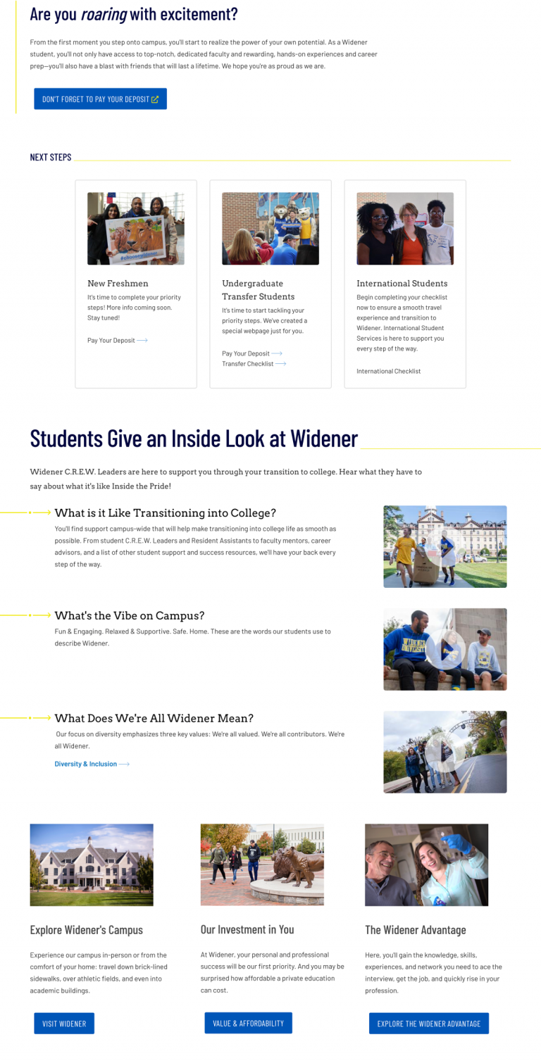 A screenshot of the Widener University admitted student site