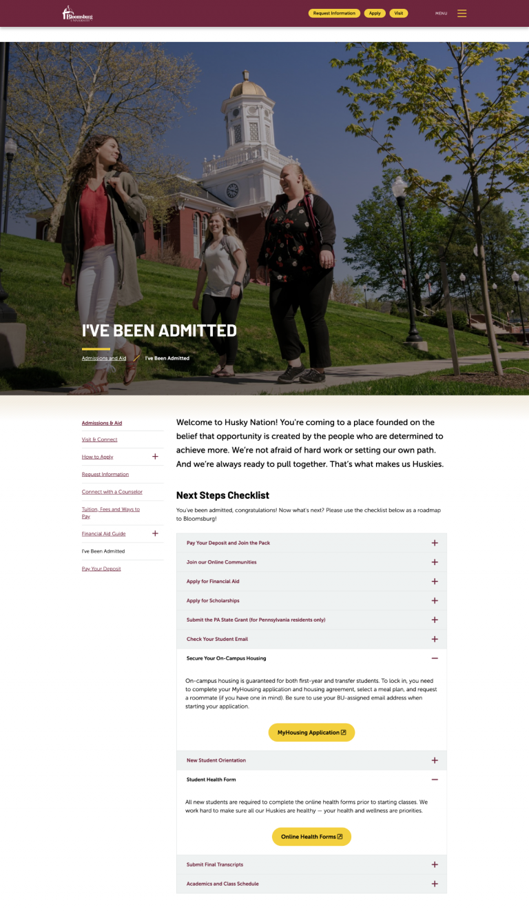 A screenshot of the Bloomsburg University admitted student site