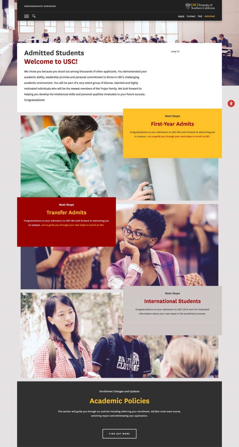 A screenshot of the USC admitted student site