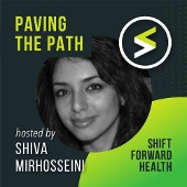 The paving the path logo with an image of the host, Shiva Mirhosseini 