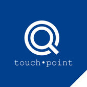 the touch point logo, a magnifying glass surrounded by a circle, on a blue background