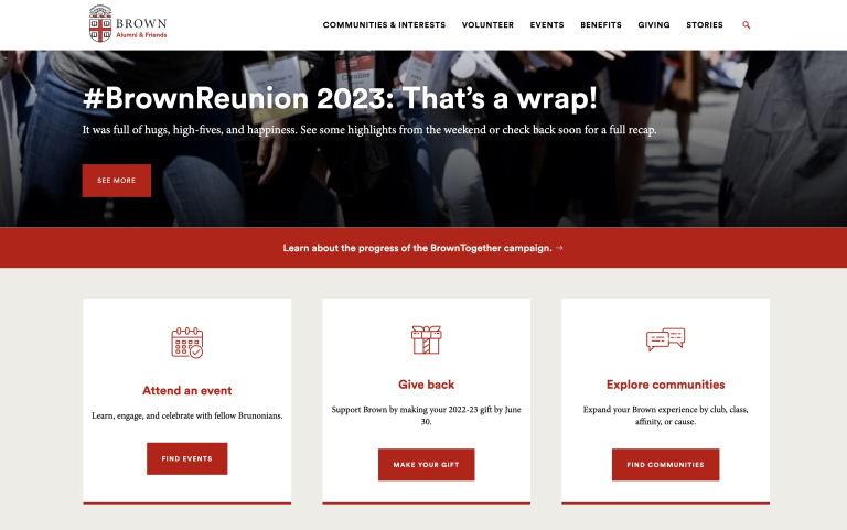 The Brown alumni site homepage
