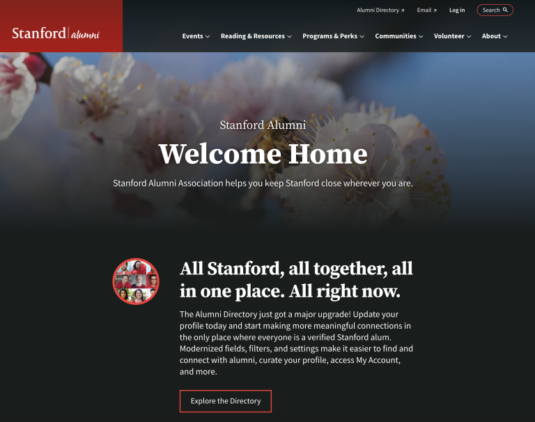 The Stanford alumni site homepage