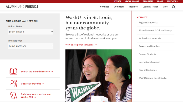 The Washington University in St. Louis alumni site regional networking page