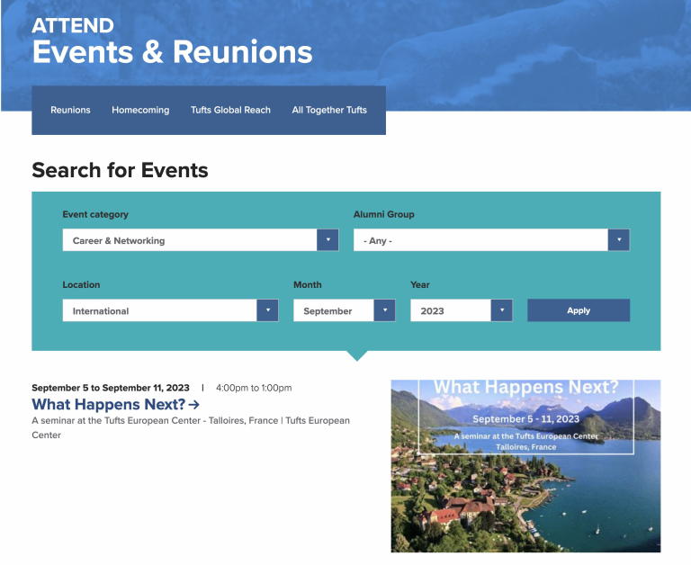 The Tufts alumni site event calendar page