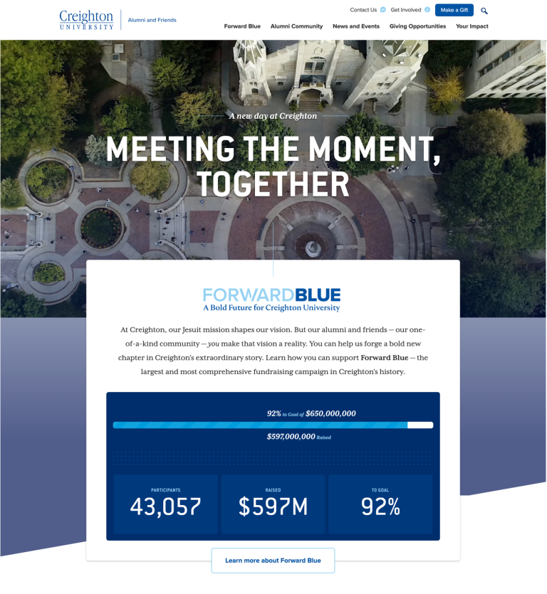 The Creighton alumni site homepage