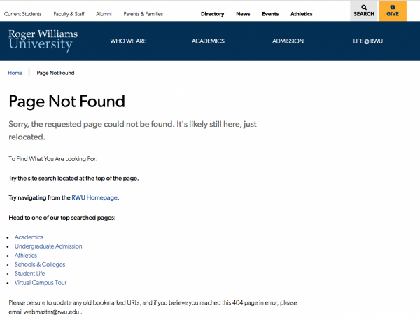 Roger Williams University 404 page