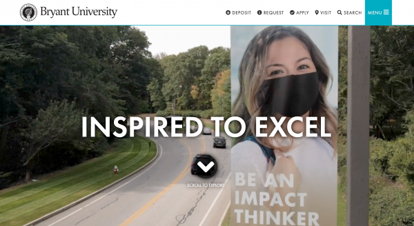 Video from Bryant University showing students in masks as an example of higher ed marketing