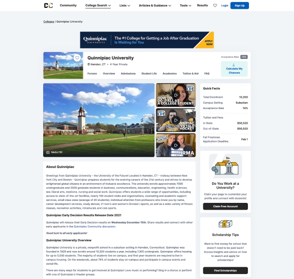 An example of a premium profile from Quinnipiac University, featuring curated videos and links