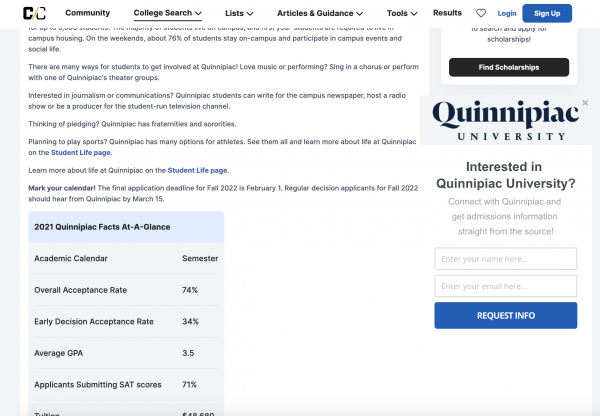 An example of a modal lead gen form on Quinnipiac University's premium profile