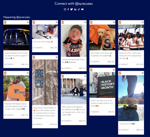 A section of the Syracuse University website showcasing images taken from social media. For example, a person on a skateboard with the Syracuse logo on the bottom of the board, as well as a baby in a Syracuse onesie