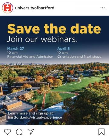 University of Hartford example of a save the date for virtual webinar