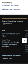 A Columbia Law School areas of study page displayed on a mobile device