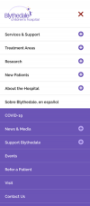 The Blythedale Children's Hospital site navigation displayed on a mobile device