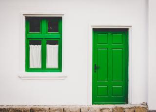 Wall with Green Window and Door