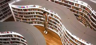 man reading in library