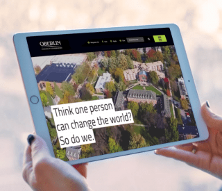 The Oberlin homepage displayed on a tablet