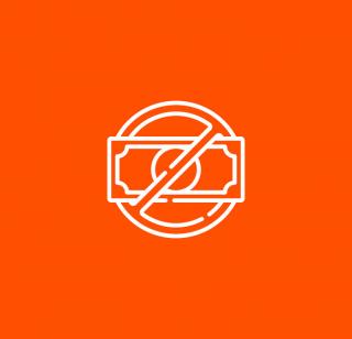 A money icon with a crossed circle over it, displayed on an orange background