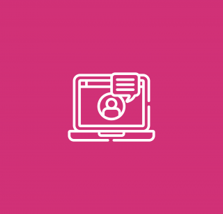 An icon depicting a laptop with a chat bubble