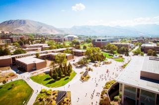 An aerial view of a college campus 