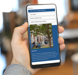 The Columbia Law School Your Campus, Your City page displayed on a mobile device