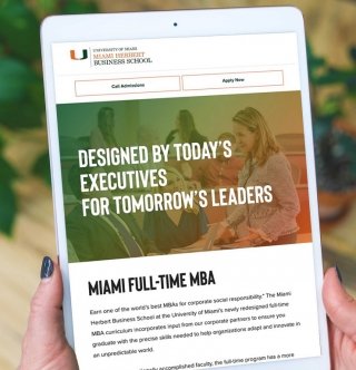 A graduate program page from Miami Herbert Business School displayed on a tablet.