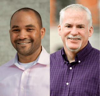 Headshot of Tim O'Keeffe, Sr. Director of Marketing and Analytics at Hamilton College and of Nick Laidlaw, Chief Technology Officer at Voicify