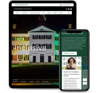 The Dartmouth Admissions homepage displayed on a phone and a tablet