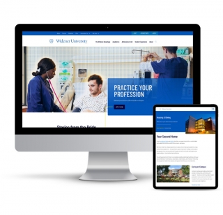 The Widener University homepage displayed on a desktop and tablet